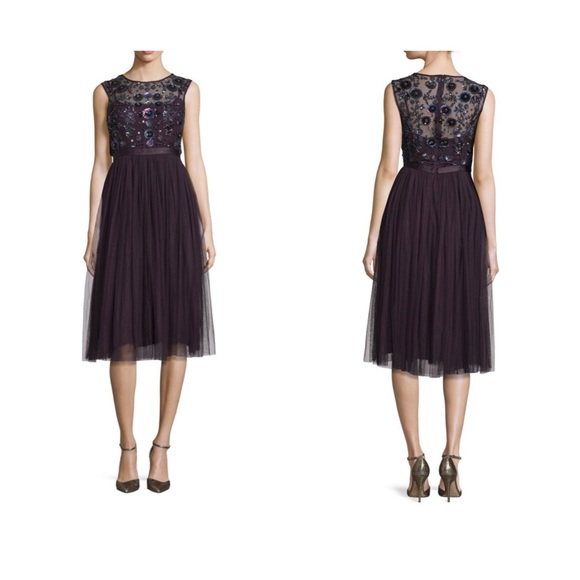 needle & thread embroidered tulle midi dress with cap sleeve in lavender